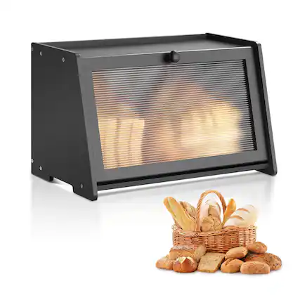 Front. VEVOR - Bread Box for Kitchen Counter, Large Capacity Bamboo Bread Storage Container, Farmhouse Wooden Breadbox Organizer - Black.