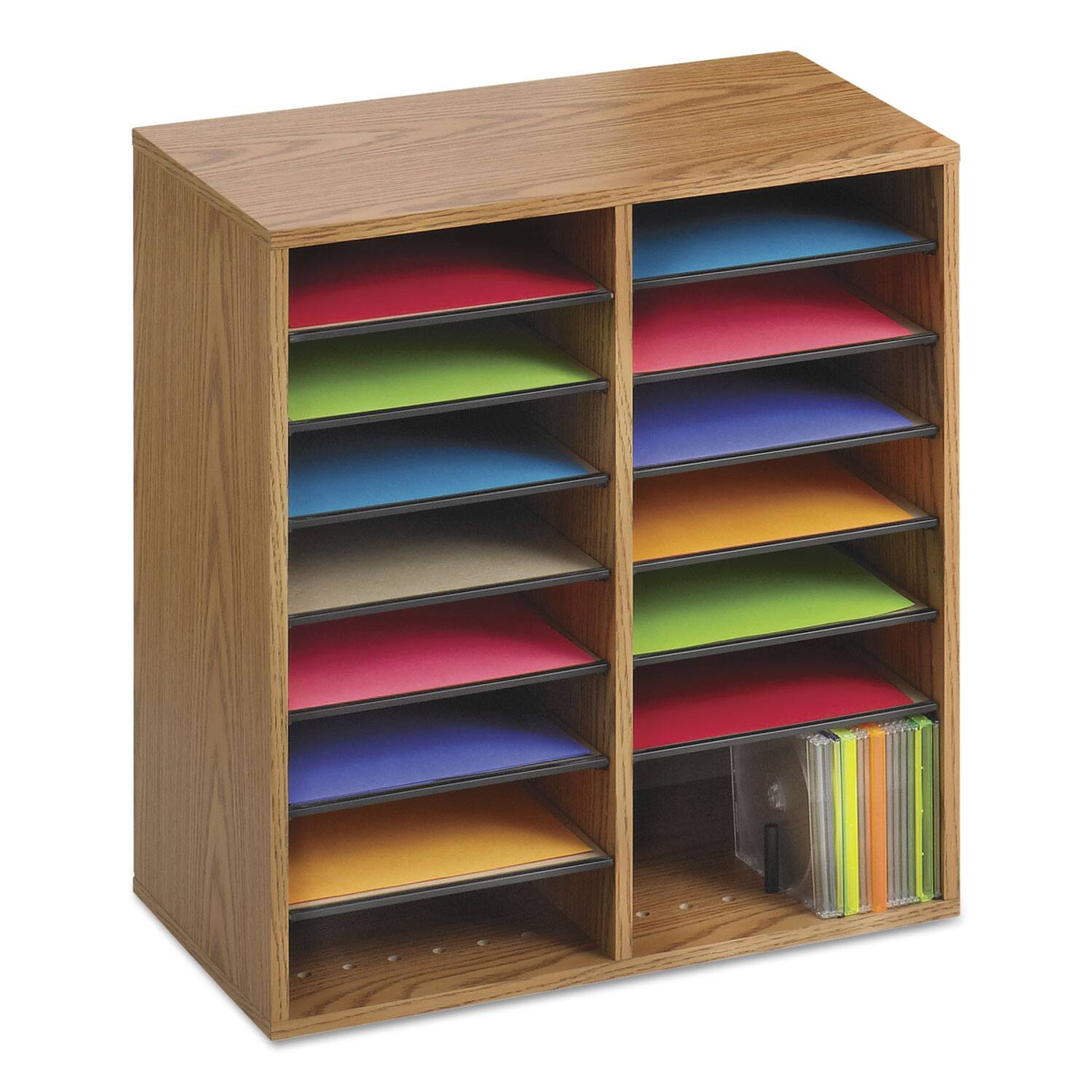 Left. Safco - Safco Wood/Laminate Literature/CD Sorter, 16 Compartments, 19.5 x 11.75 x 21, Medium Oak.