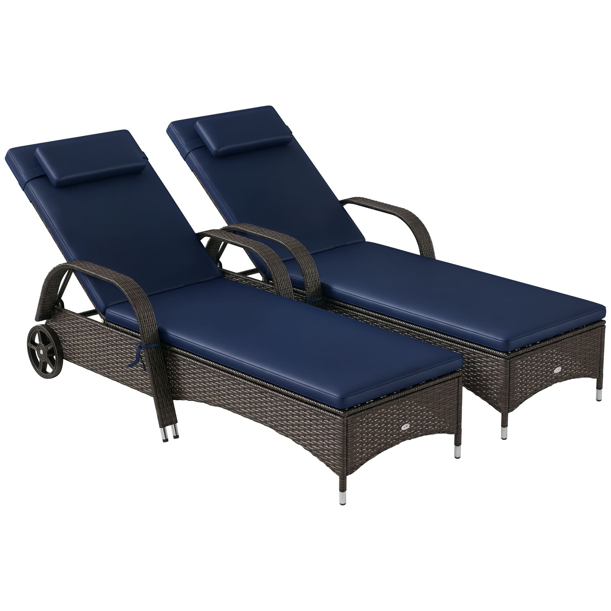 Outsunny - Reclining Chaise Lounge Chairs, Rolling Outdoor Chairs with Cushion, Pillow, Headrest, Armrests, and Wheels - Mixed Brown and Dark Blue