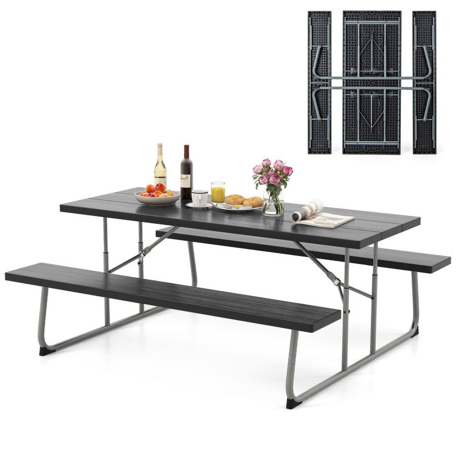 Angle. Kadyn - Folding Picnic Table Set with Metal Frame and All-Weather HDPE Tabletop Umbrella Hole-Black, Outdoor Dining Chair for Ou - Black.