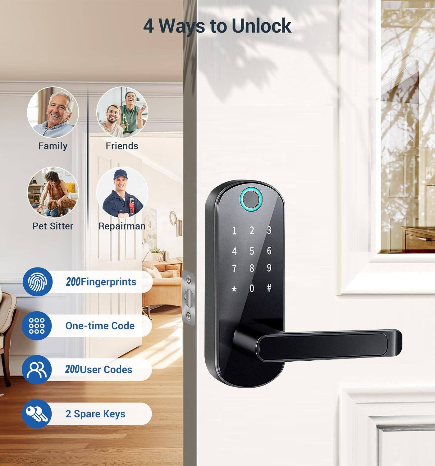4 Ways to Unlock

1. Family
2. Friends
3. Pet Sitter
4. Repairman

- 200 Fingerprints
- One-time Code
- 200 User Codes
- 2 Spare Keys