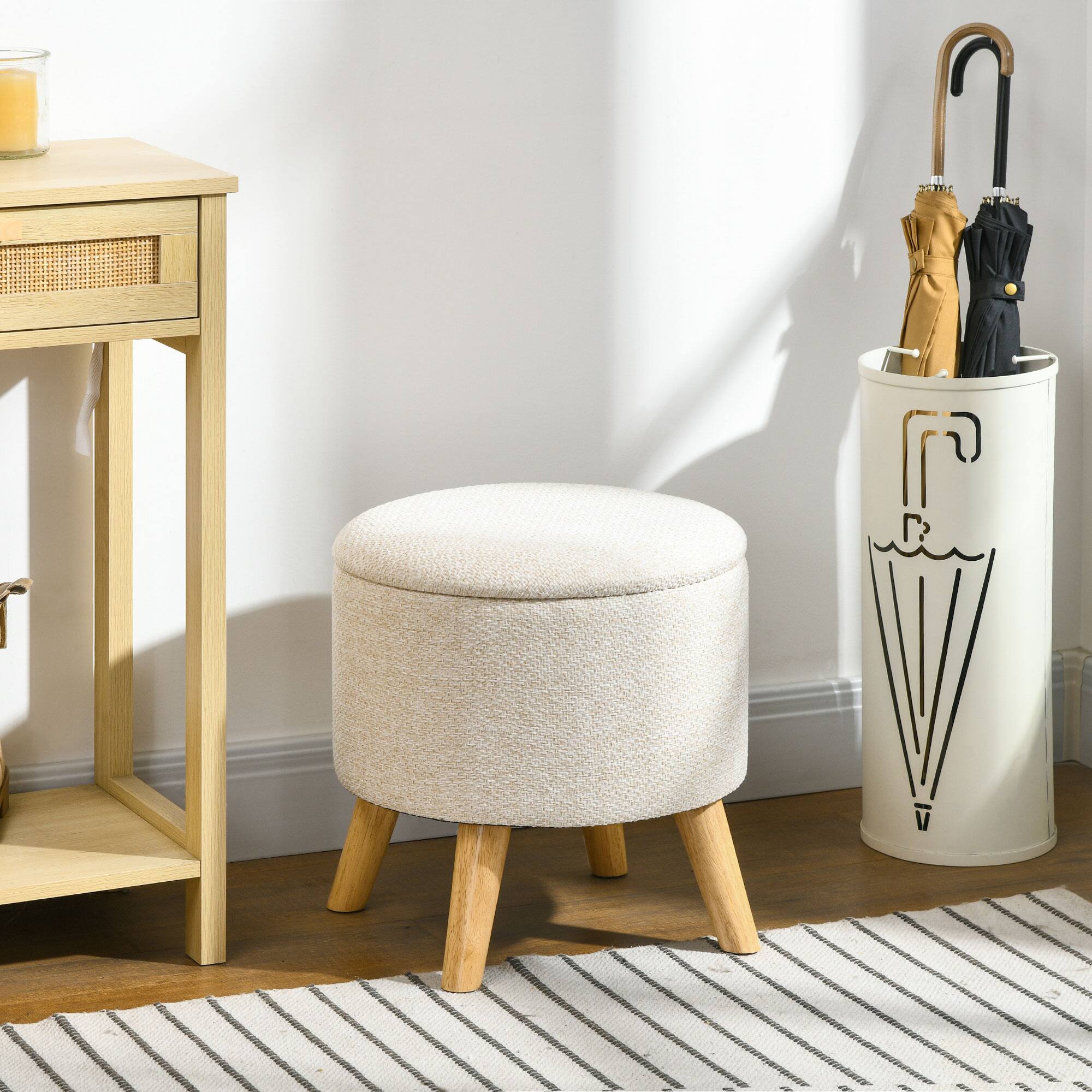 Alt View 1. Homcom - Ottoman Stool with Storage, Linen Fabric Upholstered Foot Stool with Padded Seat - Cream White.