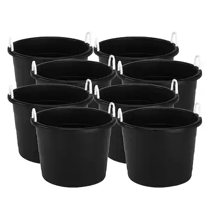 Front. Homz - Homz 18 Gallon Plastic Utility Storage Bucket Tub w/ Rope Handles, Black, 8 Pack - Black.