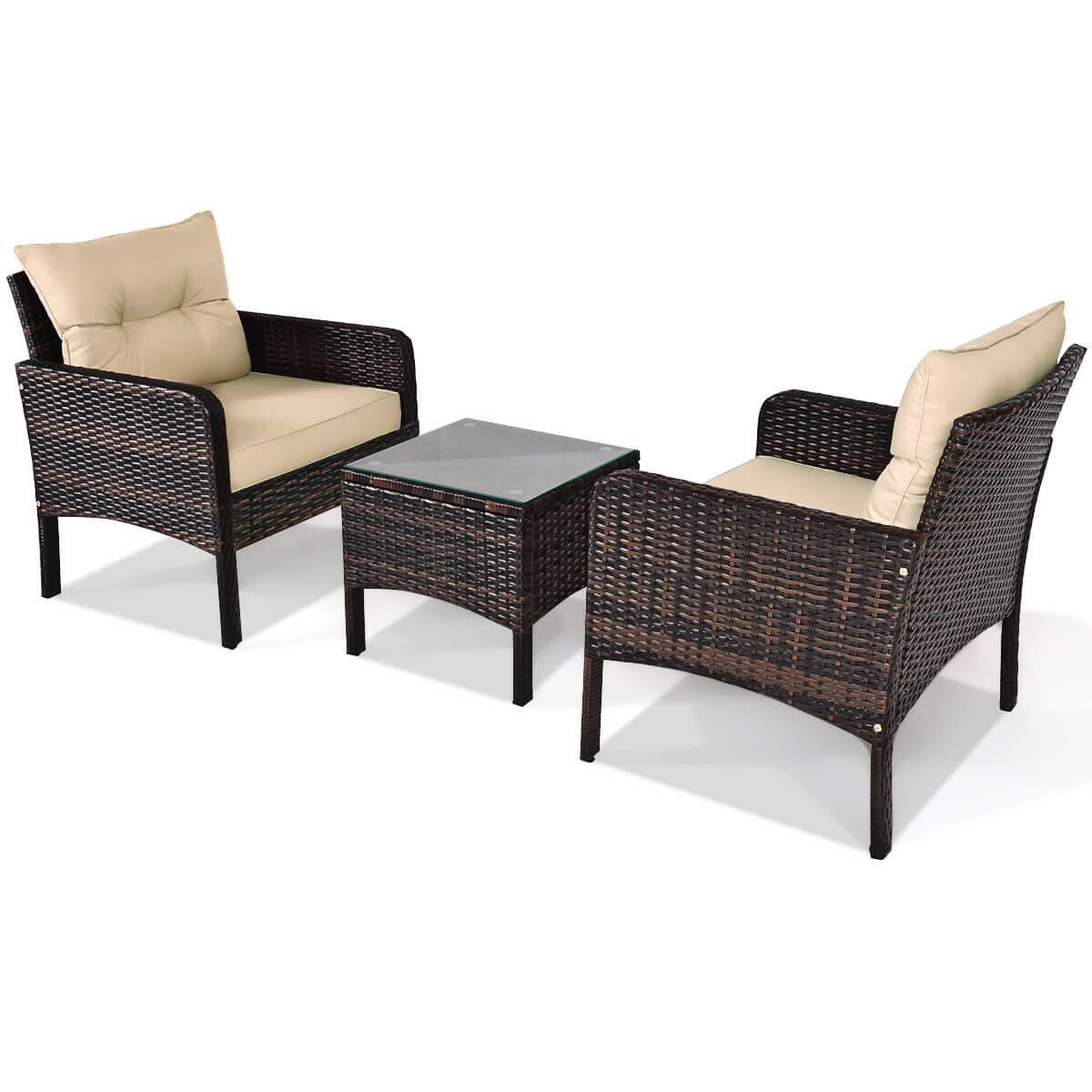 Alt View 7. Costway - Costway 3 PCS Patio PE Wicker Furniture Set with Cushions and Tempered Glass Coffee Table - Brown.