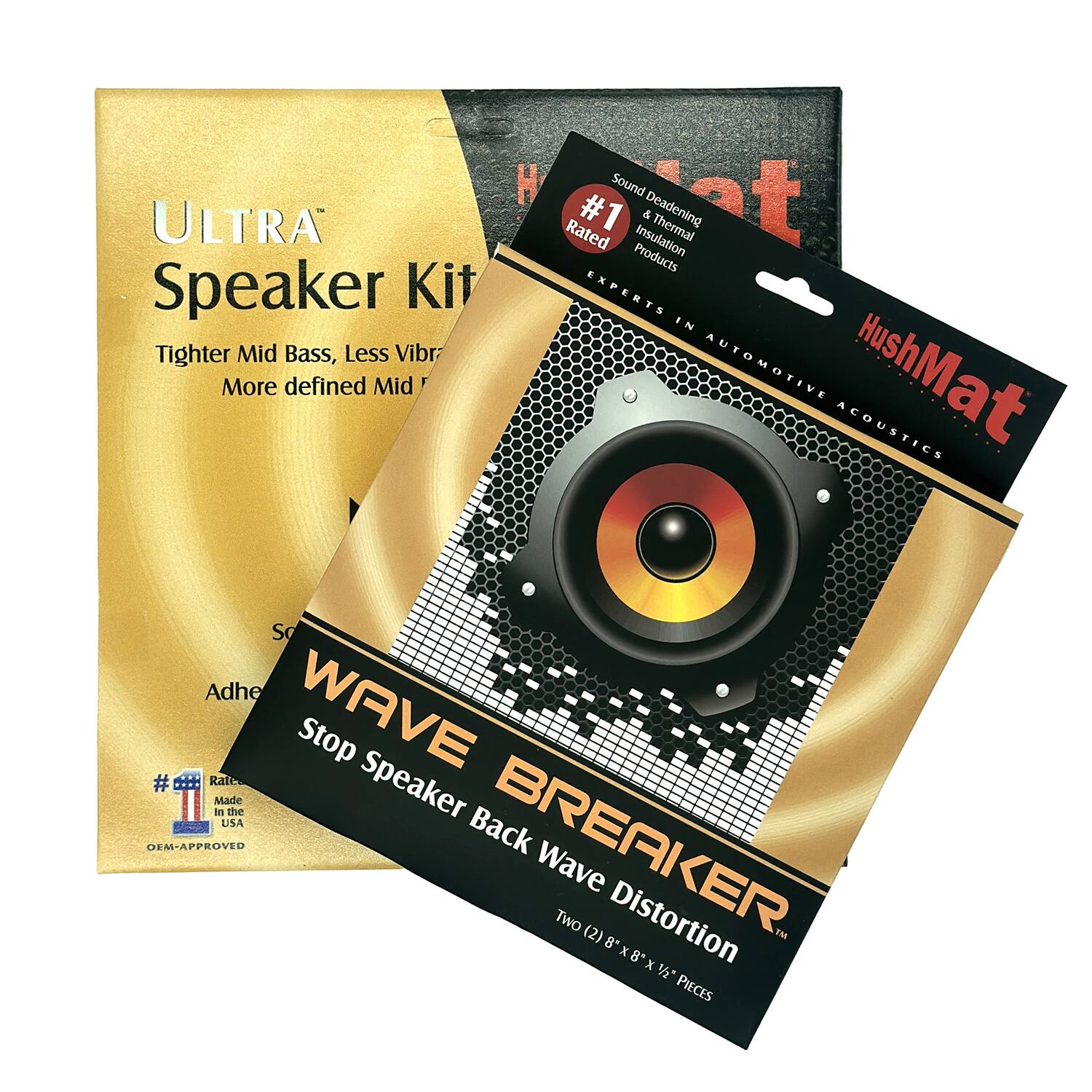 ULTRA Speaker Kit  
Tighter Mid Bass, Less Vibration, More defined Mid Sound  

Rated #1  
HushMat  
EXPERTS IN AUTOMOTIVE ACOUSTICS  

WAVE BREAKER  
Stop Speaker Back Wave Distortion  
Two (2) 8" x 8" x 1/2" PIECES  

Made in the USA  
OEM-APPROVED