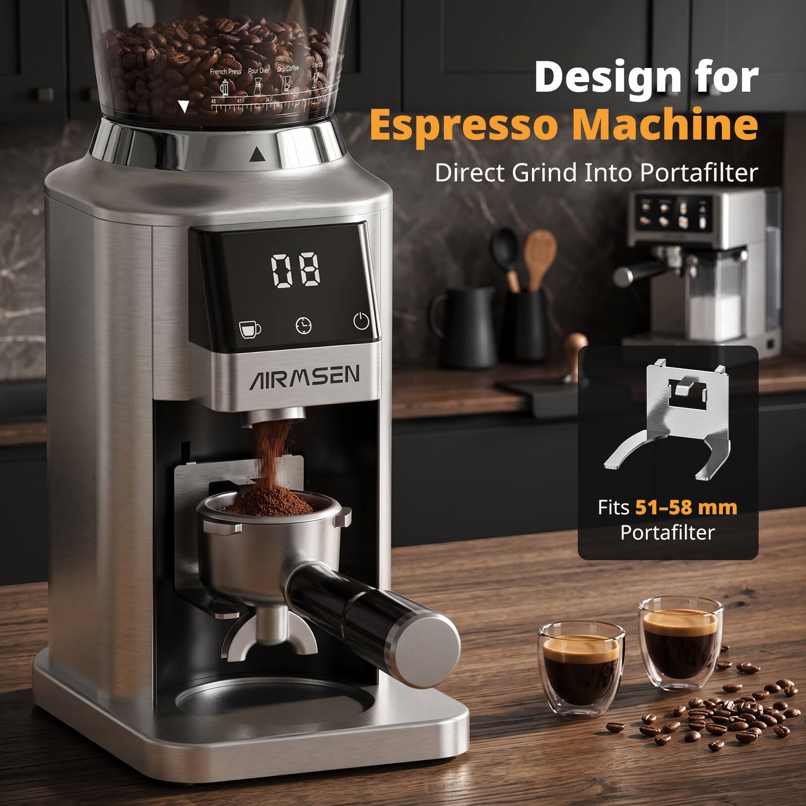French Press  
Pour Over  
Single Serve  
Design for Espresso Machine  
Direct Grind Into Portafilter  
AIRMSEN  
Fits 51-58 mm Portafilter