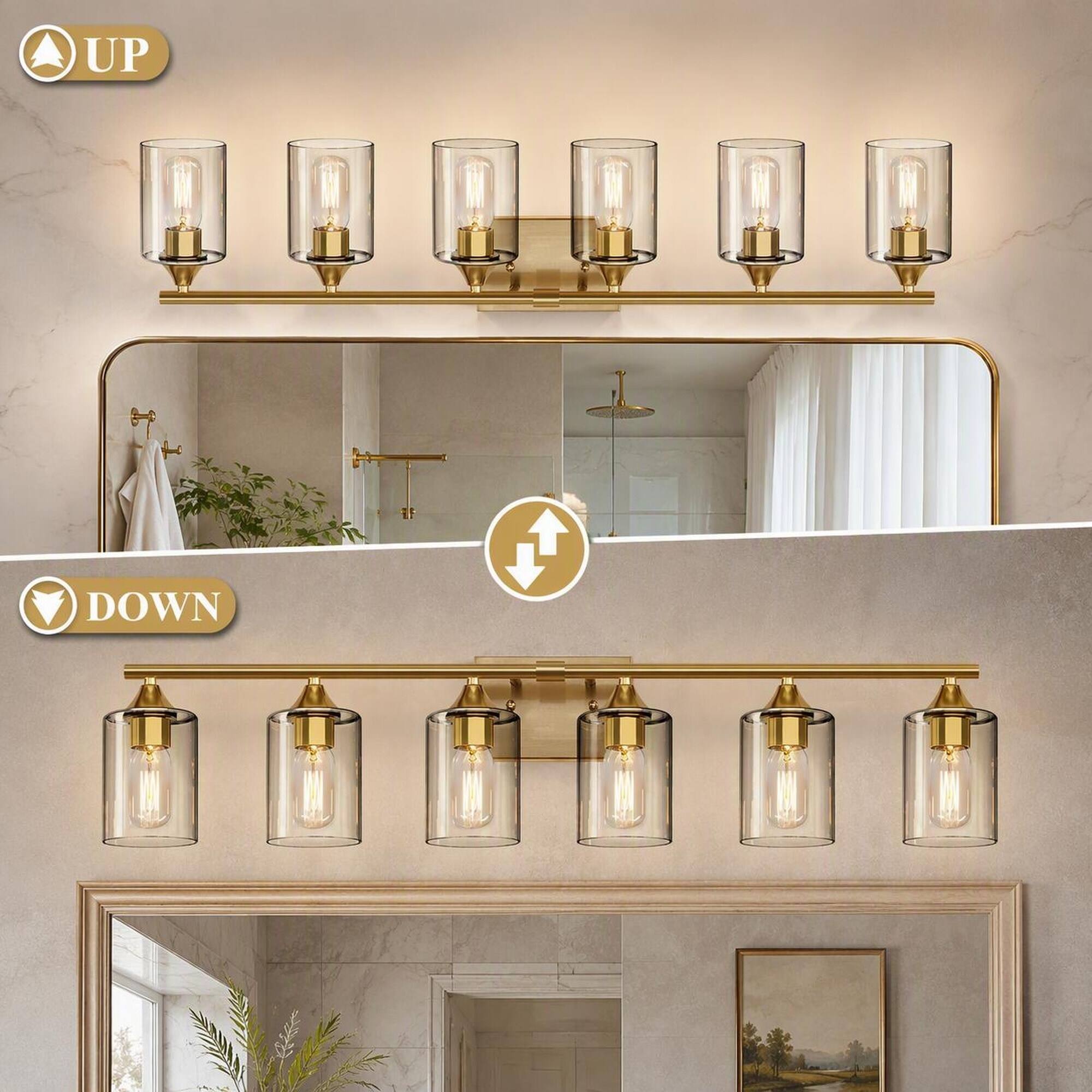 Alt View 4. RYHNUYNE - 6-Light Brushed Gold Farmhouse Vanity Light with Clear Glass Shades, Damp-Proof Iron Frame, Reversible Mount.