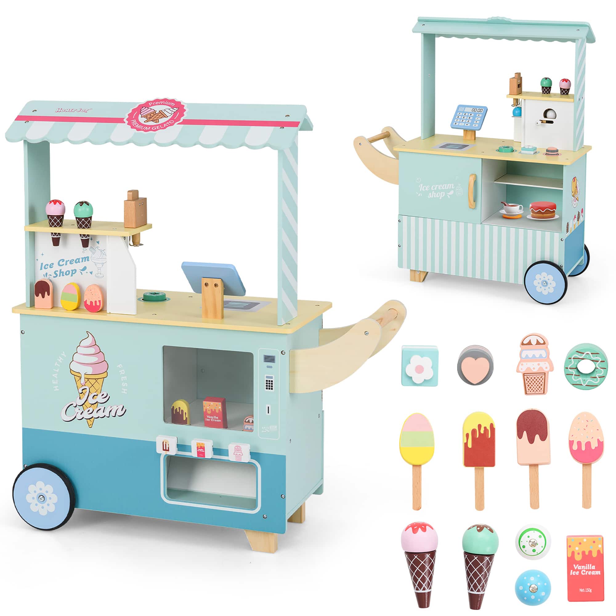Sure, here is the corrected and grouped text from the image:

---

**Ice Cream Shop**

- **Premium Gelato**
- **Healthy Fresh Ice Cream**
- **Vanilla Ice Cream**
- **Ice Cream Shop**
- **Vanilla Ice Cream**

---

This text is found on the ice cream shop toy and its accessories.