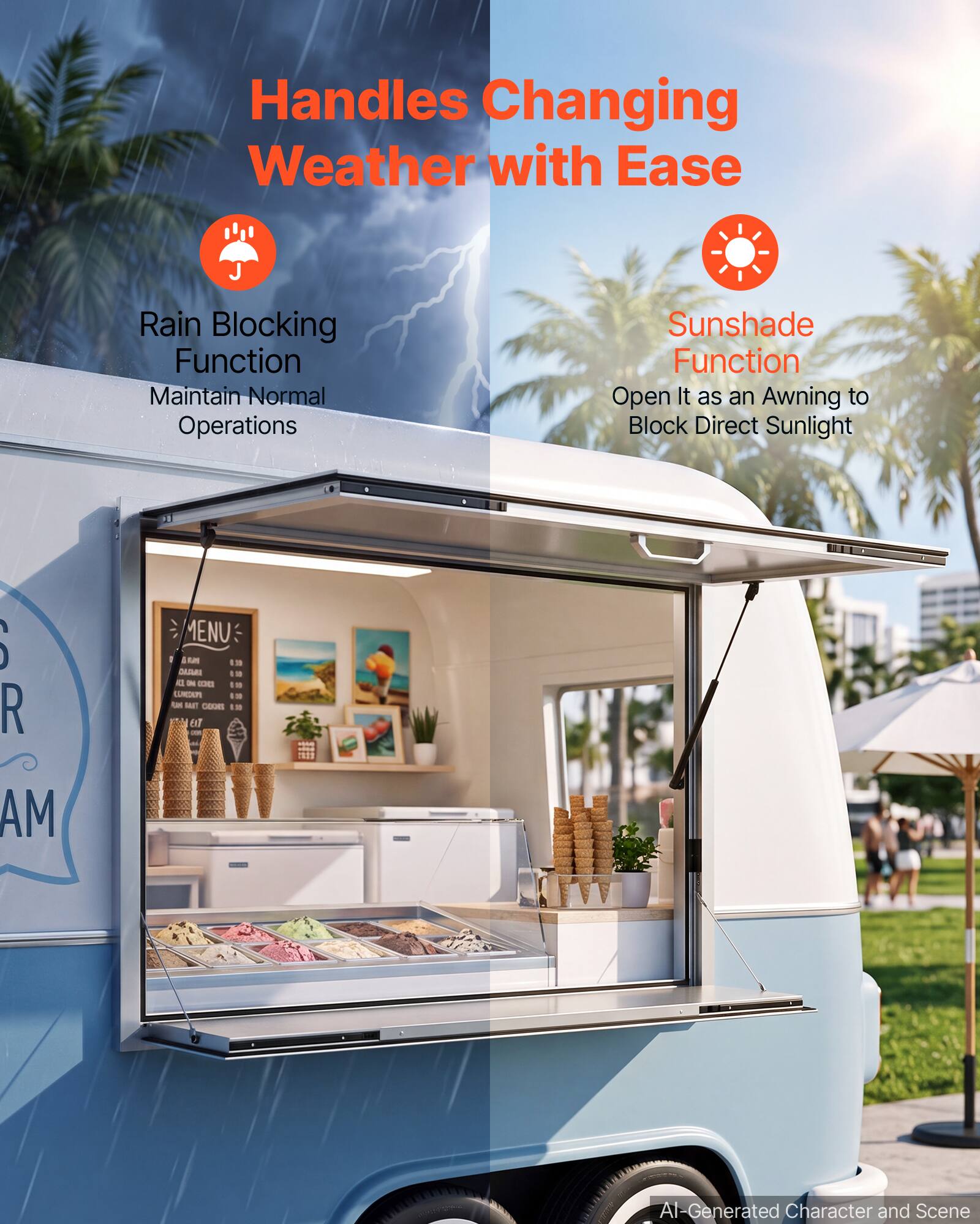 Handles Changing Weather with Ease  
Rain Blocking Function  
Maintain Normal Operations  
Sunshade Function  
Open It as an Awning to Block Direct Sunlight  

AI-Generated Character and Scene