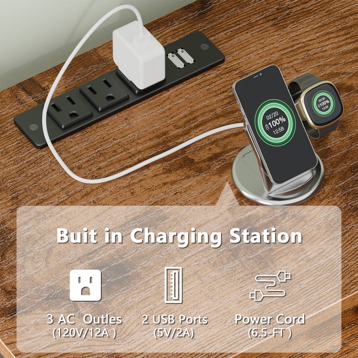 02/20 8 100% 12:58  
02/20 8100% 1258  
Buit in Charging Station  
3 AC Outlets (120V/12A)  
2 USB Ports (5V/2A)  
Power Cord (6.5-FT)