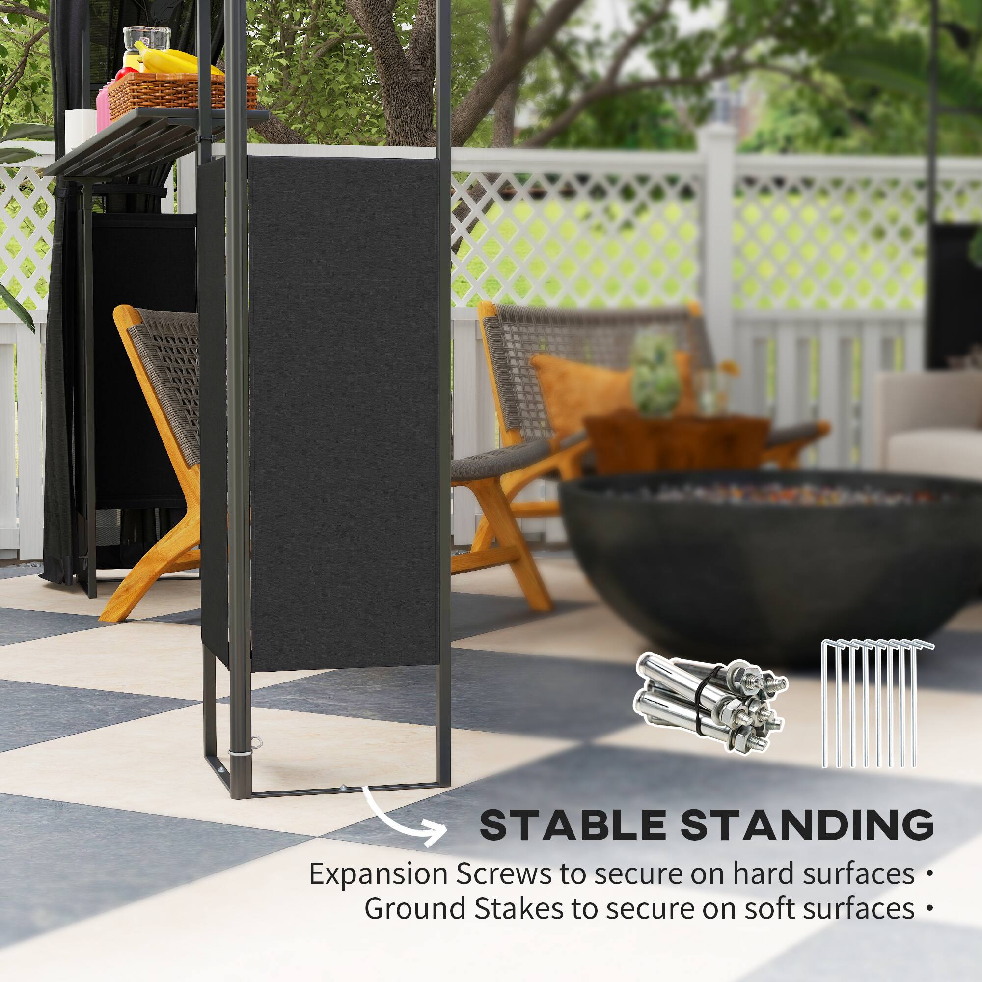 STABLE STANDING
Expansion Screws to secure on hard surfaces
Ground Stakes to secure on soft surfaces