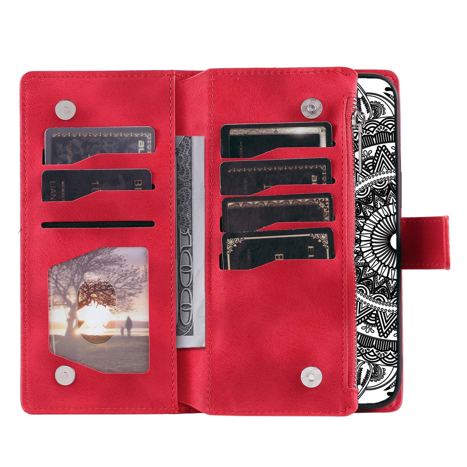 Alt View 3. Dteck - Wallet Case for Samsung Galaxy A17 5G Zipper Pocket Flowers PU Leather Flip Stand Cover With Crossbody+Wrist Strap - Red.