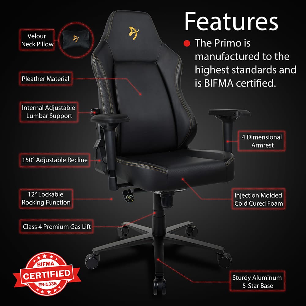 Alt View 15. Arozzi - Primo Premium PU Leather Gaming/Office Chair - Black - Gold Accents.