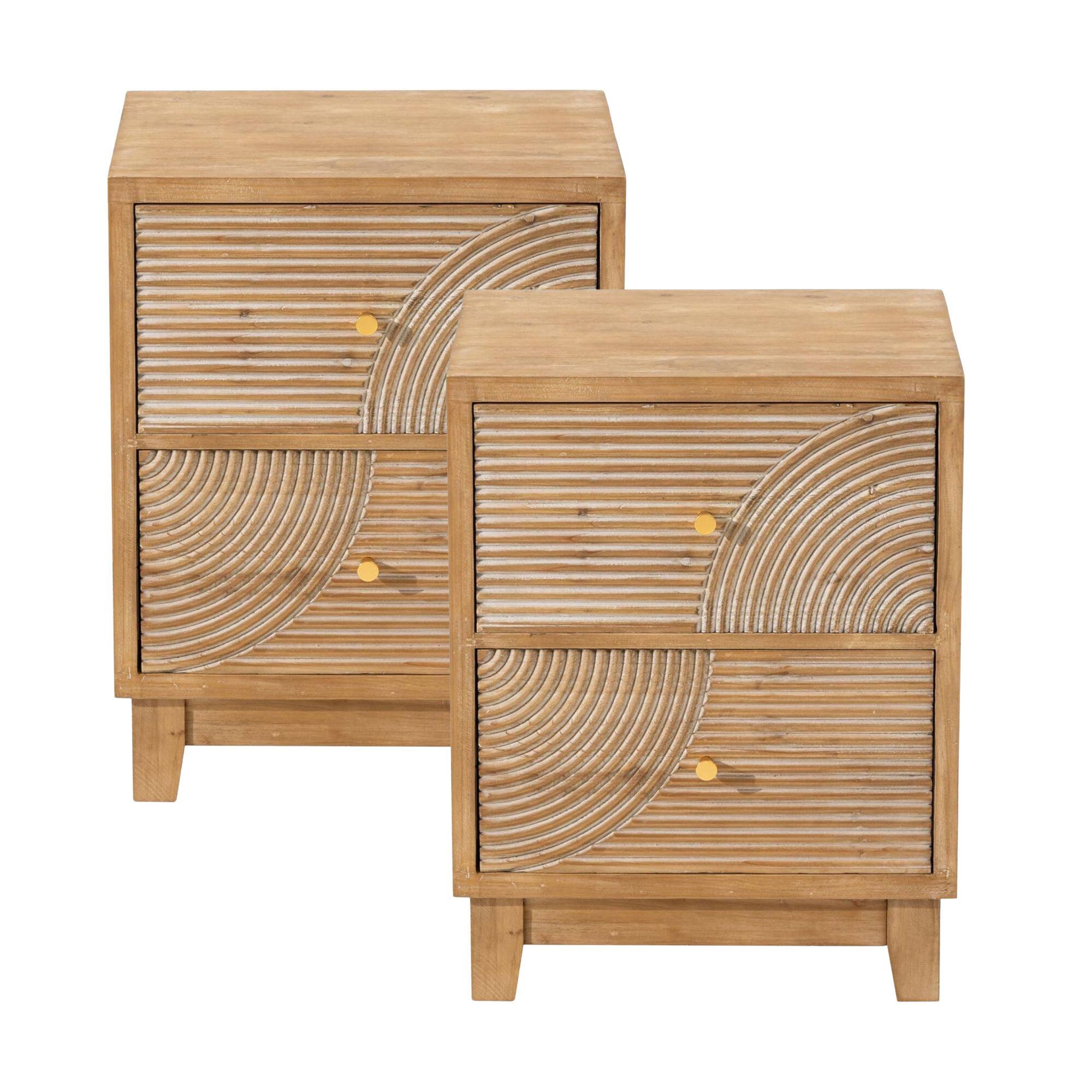 COZAYH - Farmhouse 2 Drawer Nightstand with Wood Ring Pattern, Natural, Set of 2 - Natural Wood