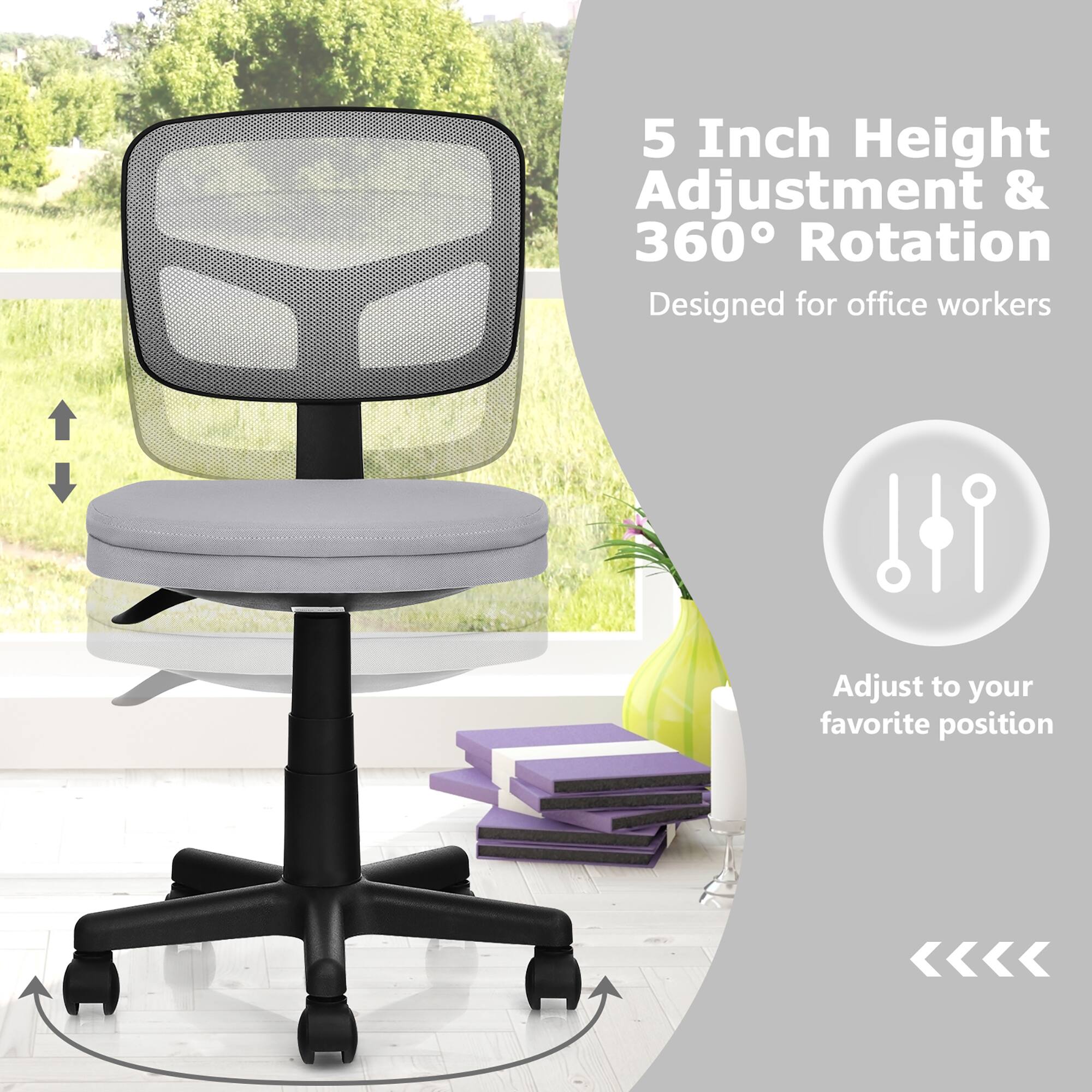 The image features a 5 inch height adjustment and 360 rotation office chair designed for office workers. The chair is designed to provide comfort and support while allowing the user to adjust to their favorite position. The chair is accompanied by a potted plant and a vase, adding a touch of decoration to the workspace.