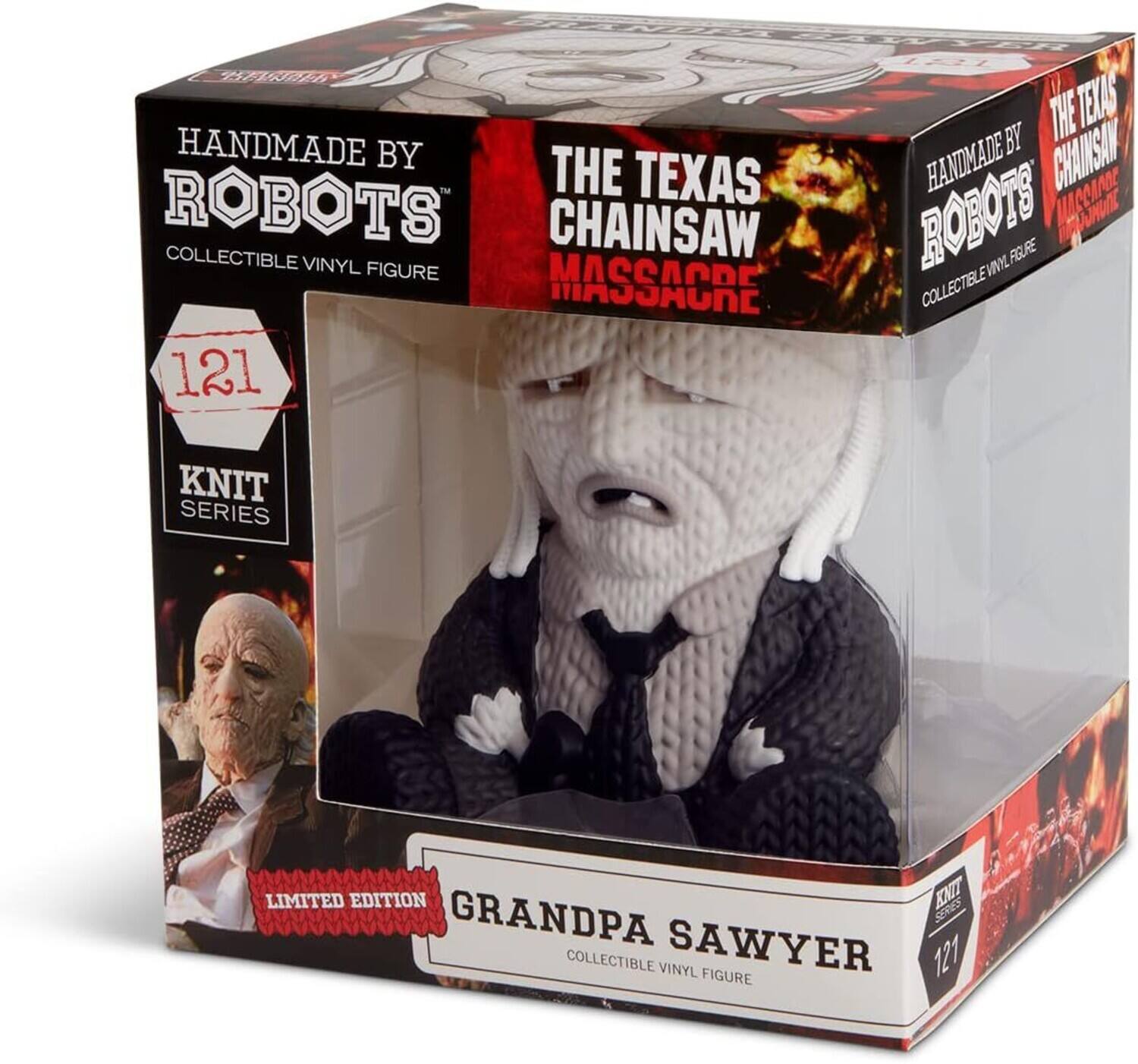 The text on the image is:

"Handmade by Robots Collectible Vinyl Figure 121 Knit Series Limited Edition The Texas Chainsaw Massacre Grandpa Sawyer Collectible Vinyl Figure"

Corrected and grouped text:

"Handmade by Robots Collectible Vinyl Figure 121 Knit Series Limited Edition The Texas Chainsaw Massacre Grandpa Sawyer Collectible Vinyl Figure"