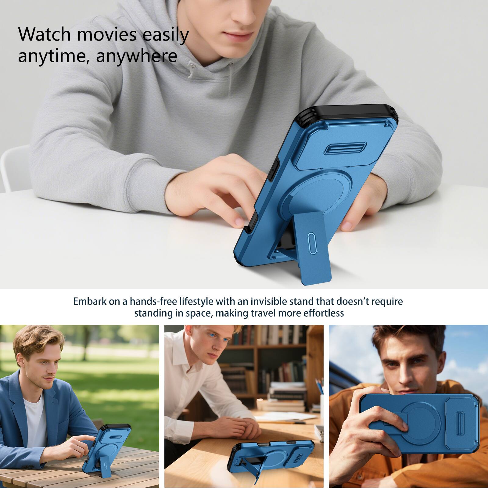 Watch movies easily anytime, anywhere

Embark on a hands-free lifestyle with an invisible stand that doesn't require standing in space, making travel more effortless