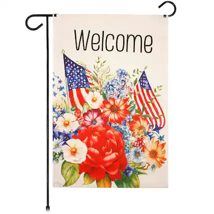 Front. G128 - Welcome American Flag Flowers Garden Flag 12x18 Double-Sided Independence Day Lawn Decoration. - Multicolor.