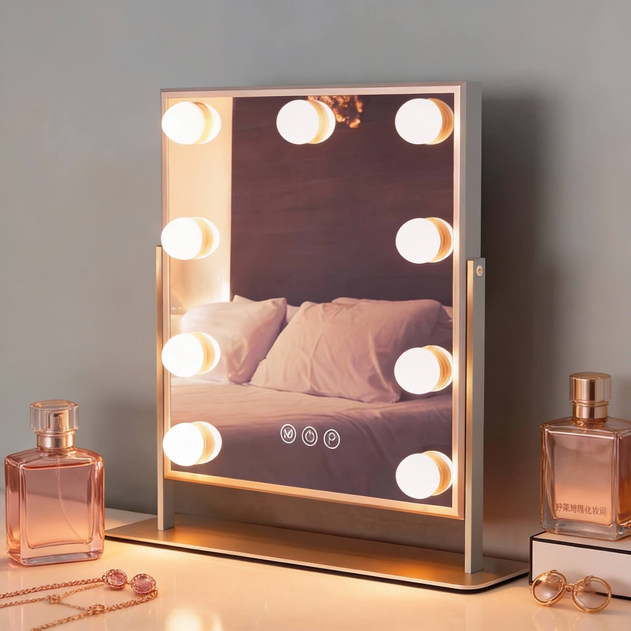 Left. PO3TICJUNKI3 - Hollywood Vanity Mirror with Lights, 3 Color Modes, Dimmable, 10X Magnifying, 360° Swivel - Ivory.