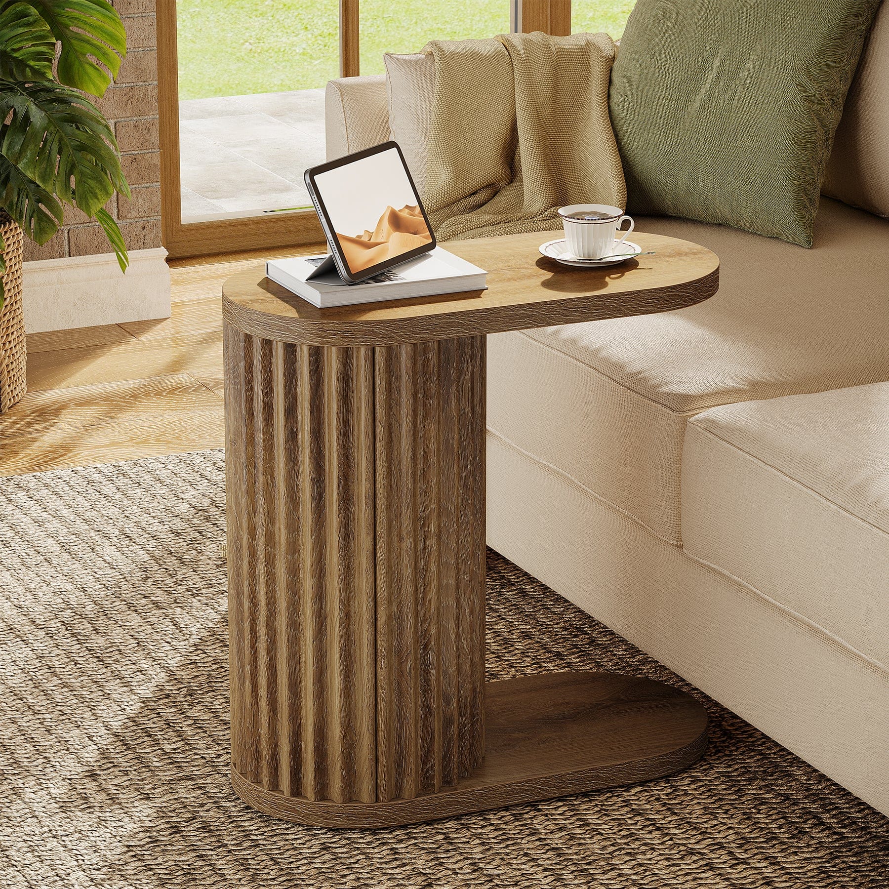 Tribesigns - End Table with Engineered Wood Construction and Fluted Design for Books, Drinks and Everyday Essentials - Brown