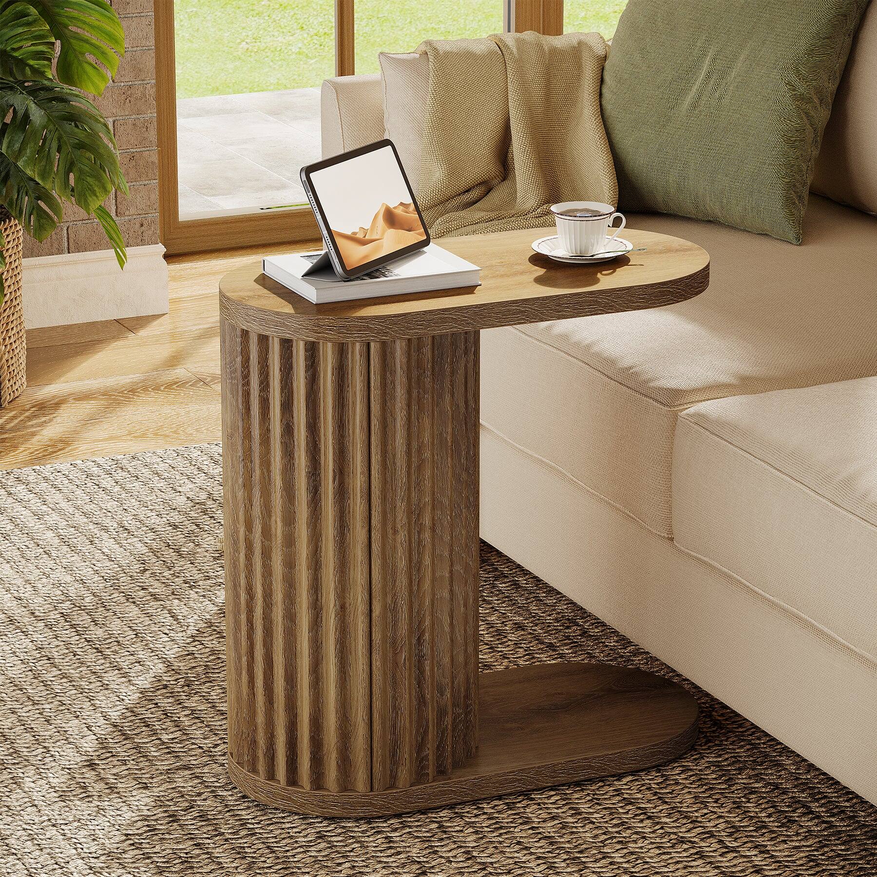 Front. Tribesigns - End Table with Engineered Wood Construction and Fluted Design for Books, Drinks and Everyday Essentials - Brown.
