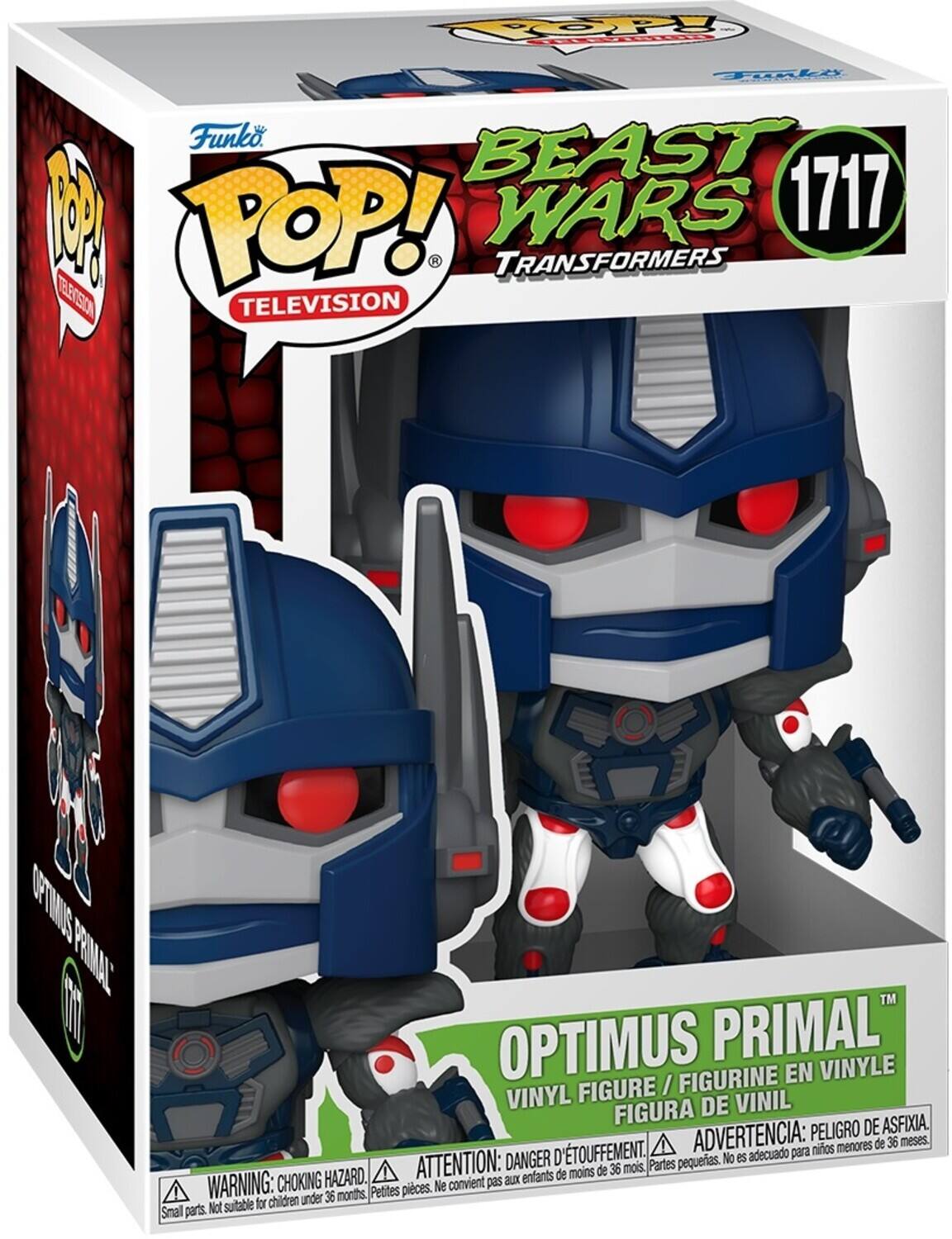 Sure, here is the corrected and grouped text from the image:

---

**Funko POP! TELEVISION**

**BEAST WARS TRANSFORMERS**

**1717**

**OPTIMUS PRIMAL™**

**VINYL FIGURE / FIGURINE EN VINYLE / FIGURA DE VINIL**

**WARNING: CHOKING HAZARD. Small parts. Not suitable for children under 36 months.**

**ATTENTION: DANGER D'ÉTOUFFEMENT. Petites pièces. Ne convient pas aux enfants de moins de 36 mois.**

**ADVERTENCIA: PELIGRO DE ASFIXIA. Partes pequeñas. No es adecuado para niños menores de 36 meses.**

---