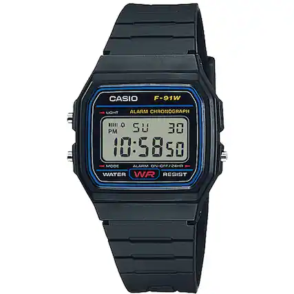 CASIO F-91W LIGHT ALARM CHRONOGRAPH
10:58:50 PM
ALARM ON/OFF/24HR
WATER RESIST