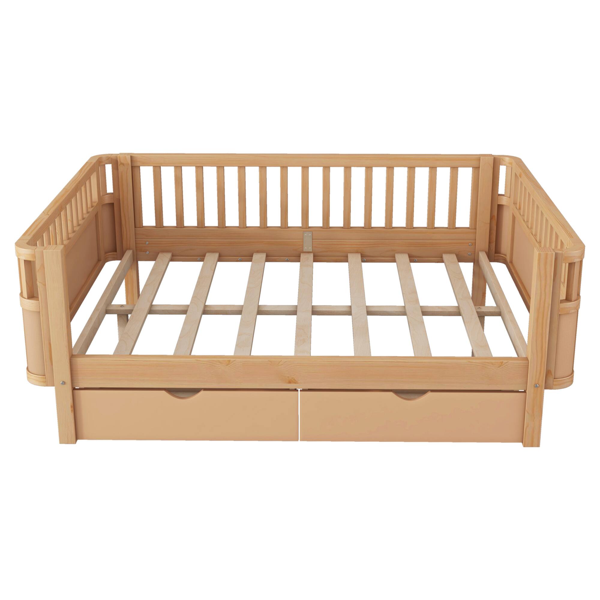 Alt View 5. GOODSILO - Full Size Wood Platform Bed with Safety Rails for Children's Rooms, Sturdy Low Profile Design for Kids and Teens - Natural.