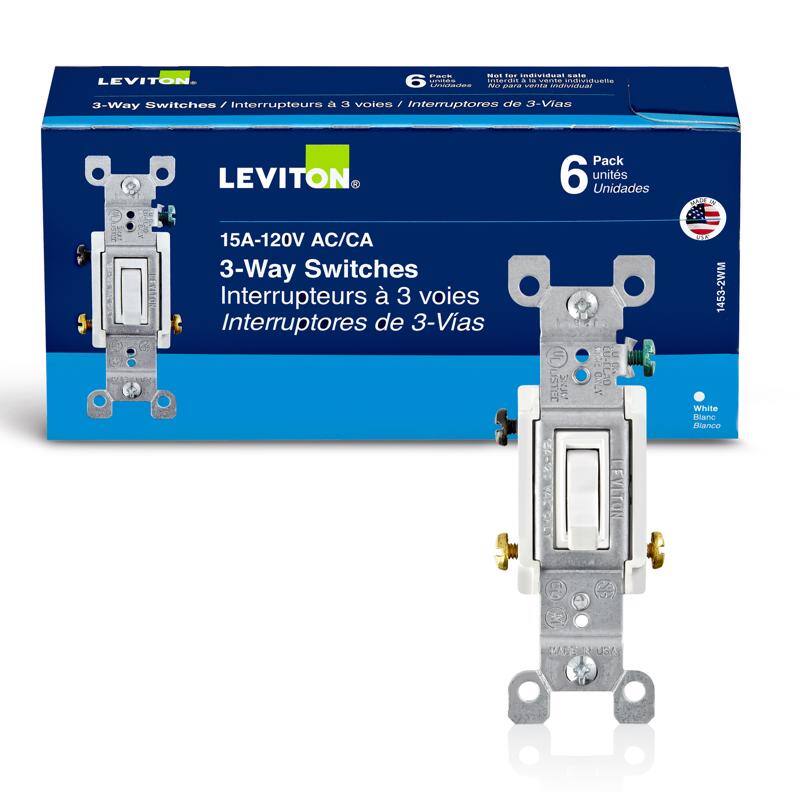 LEVITON  
Pack 2E01  
Individual sale 6 CMIO chterisIt  
vente individuelle Unidades PO para Pdi durea 3-Way Switches es/ Interrupteurs / a 3 voles Interruptores de 3-Vias  
LEVITON Pack 6 units Unidades 15A-120V AC/CA 3-Way Switches Interrupteurs 3 voies Interruptores de 3-Vias  
ISTEC S:K7 EA-E620 1453-2WM White Blanc Blance  

3-Way Switches / Interrupteurs à 3 voies / Interruptores de 3-Vias  
15A-120V AC/CA  
6 Pack  
unidades  
Unidades  
White  
Blanc  
Blanco
