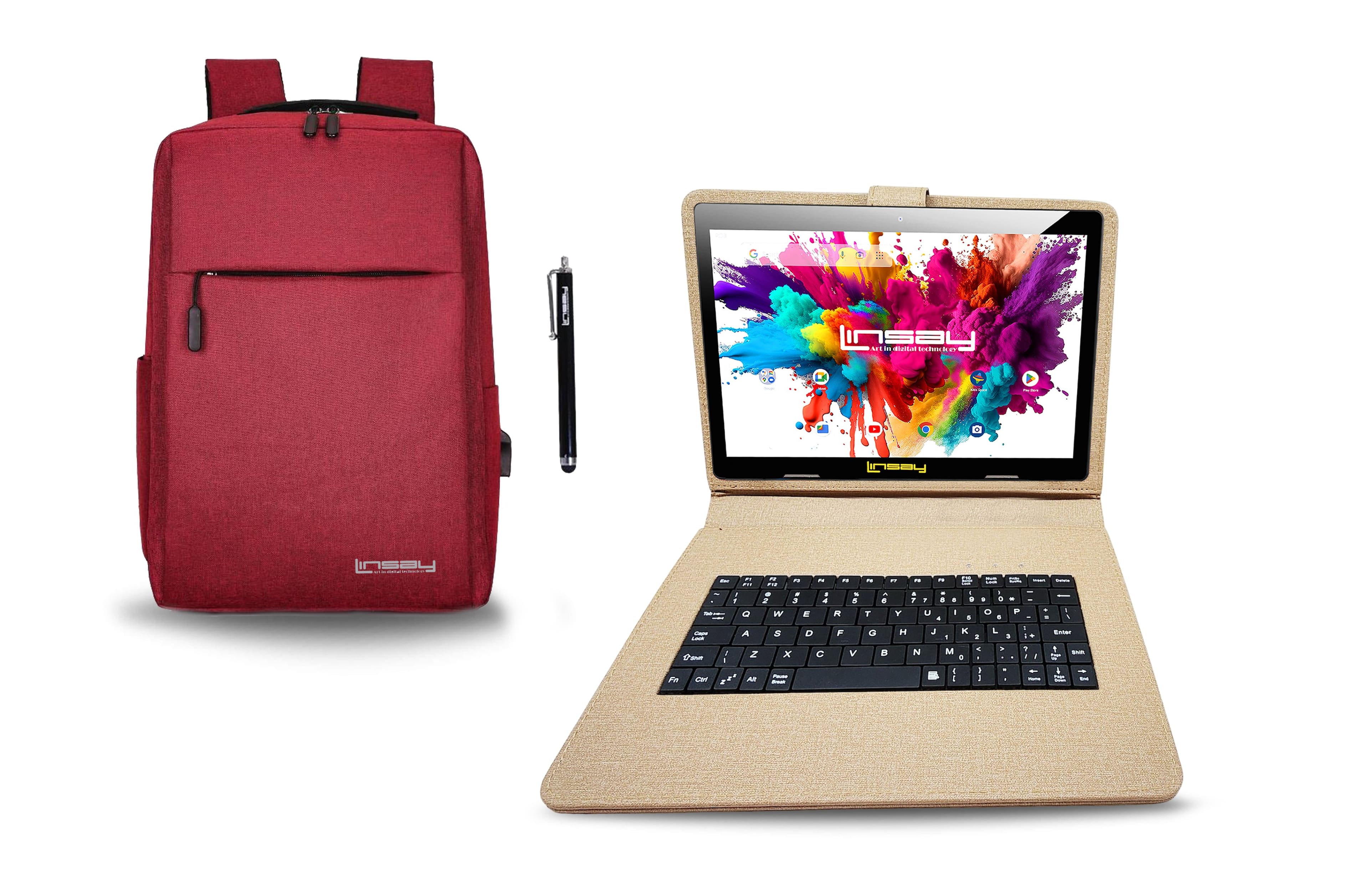 LINSAY - 10.1" Octa Core 128GB Storage Android 15 with Designer Cloth Keyboard Case and Stylish Backpack and Pen Stylus - White