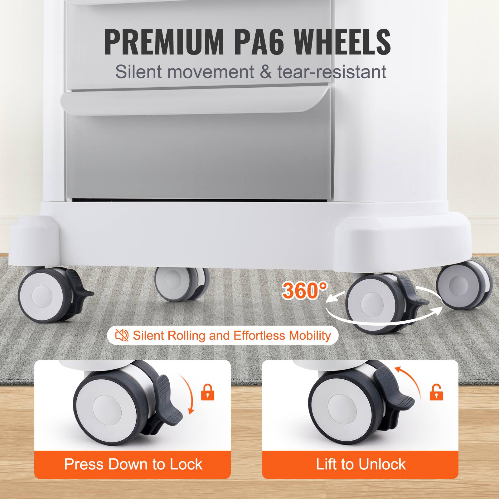 PREMIUM PA6 WHEELS, Silent movement & tear-resistant, 360° Silent Rolling and Effortless Mobility, Press Down to Lock, Lift to Unlock