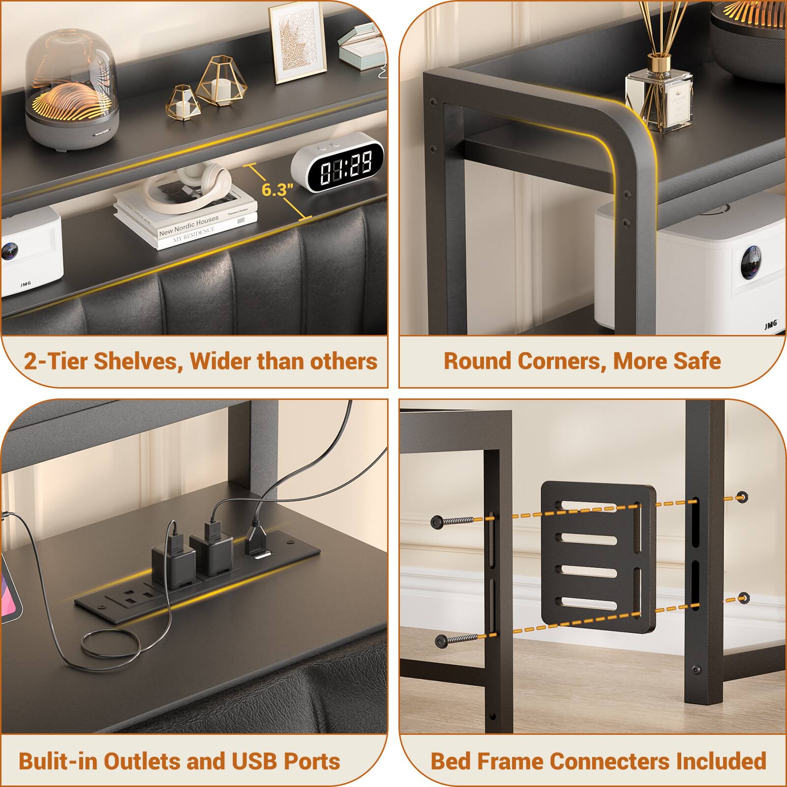 88:29 6.3" House Nima Hendic NE A SEMER I BAKL 2-Tier Shelves, Wider than others Round Corners, More Safe Built-in Outlets and USB Ports Bed Frame Connecters Included
