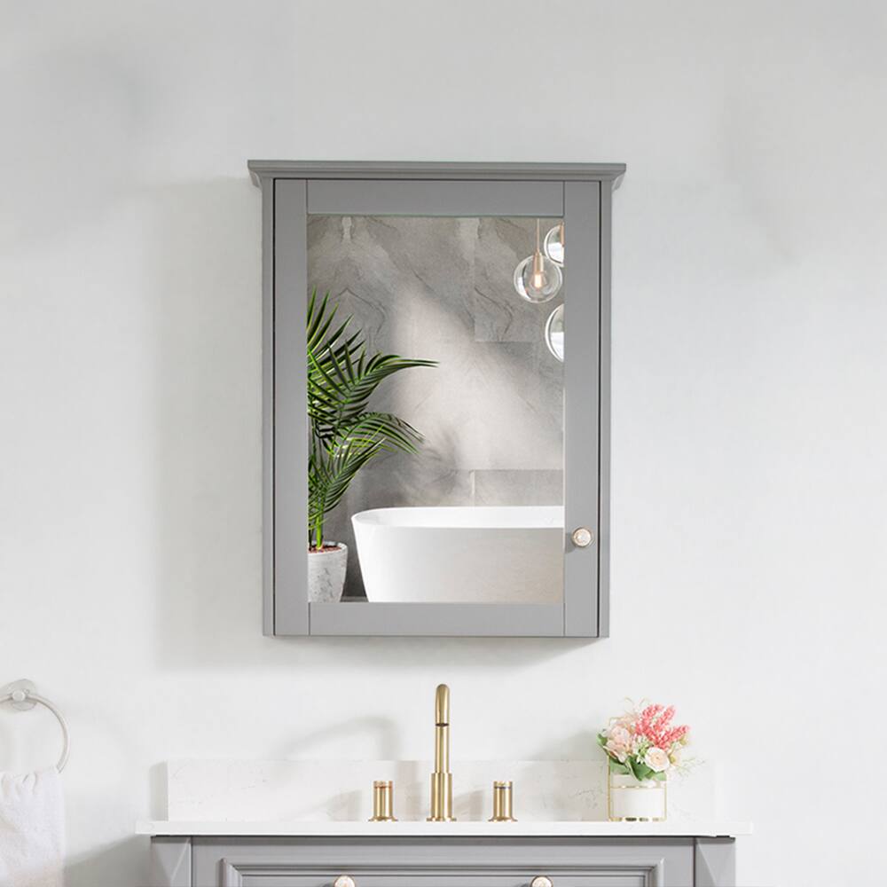 Angle. WELLFOR - 24 in. W x 30 in. H Rectangular Solid Wood Frame Surface Mount Medicine Cabinet with Mirror and Soft Close Door - Gray.