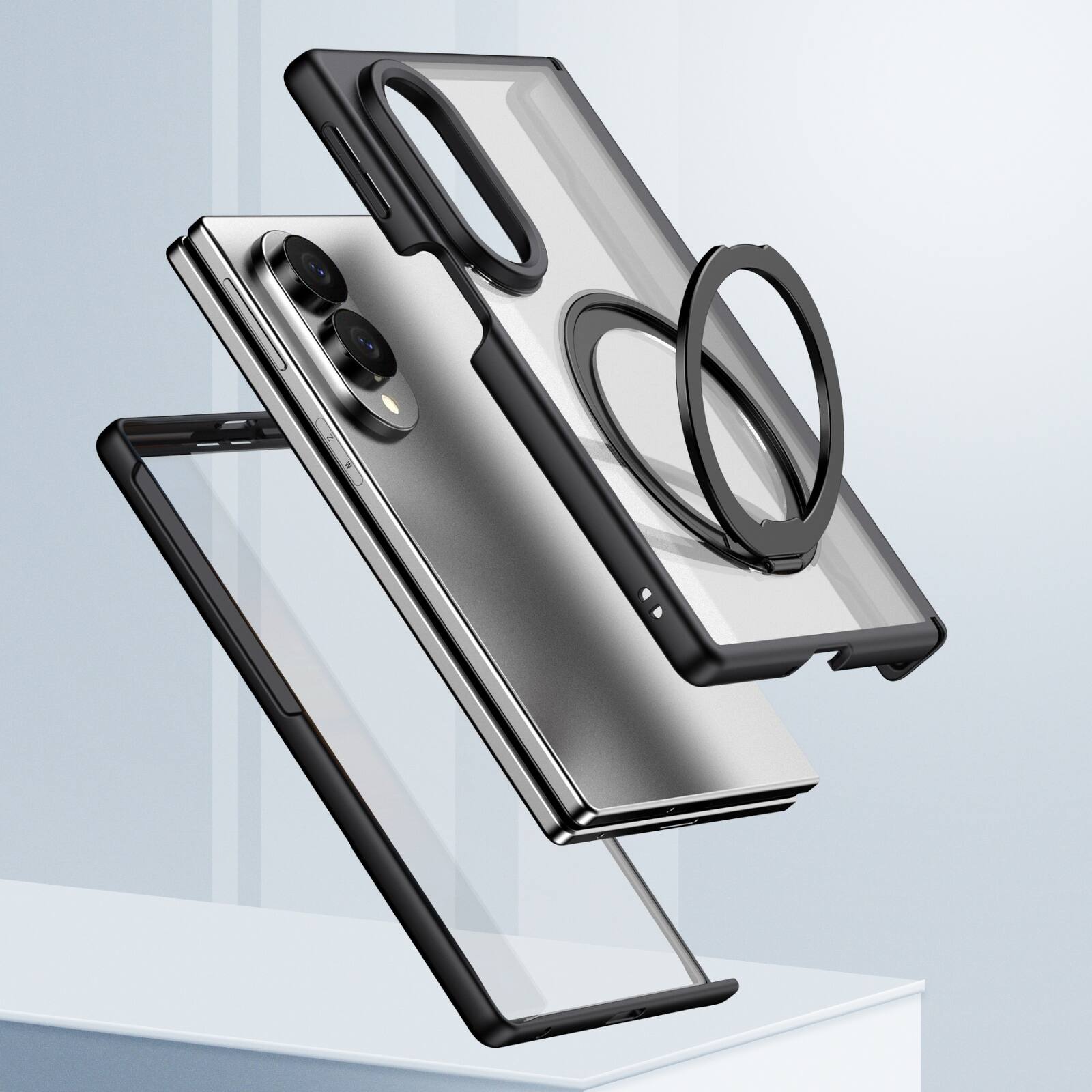 Alt View 2. Dteck - Shockproof Case for Samsung Galaxy Z Fold8 with Ring Stand, Magnetic PC Cover Built in Screen Film and Hinge Protection - Black.