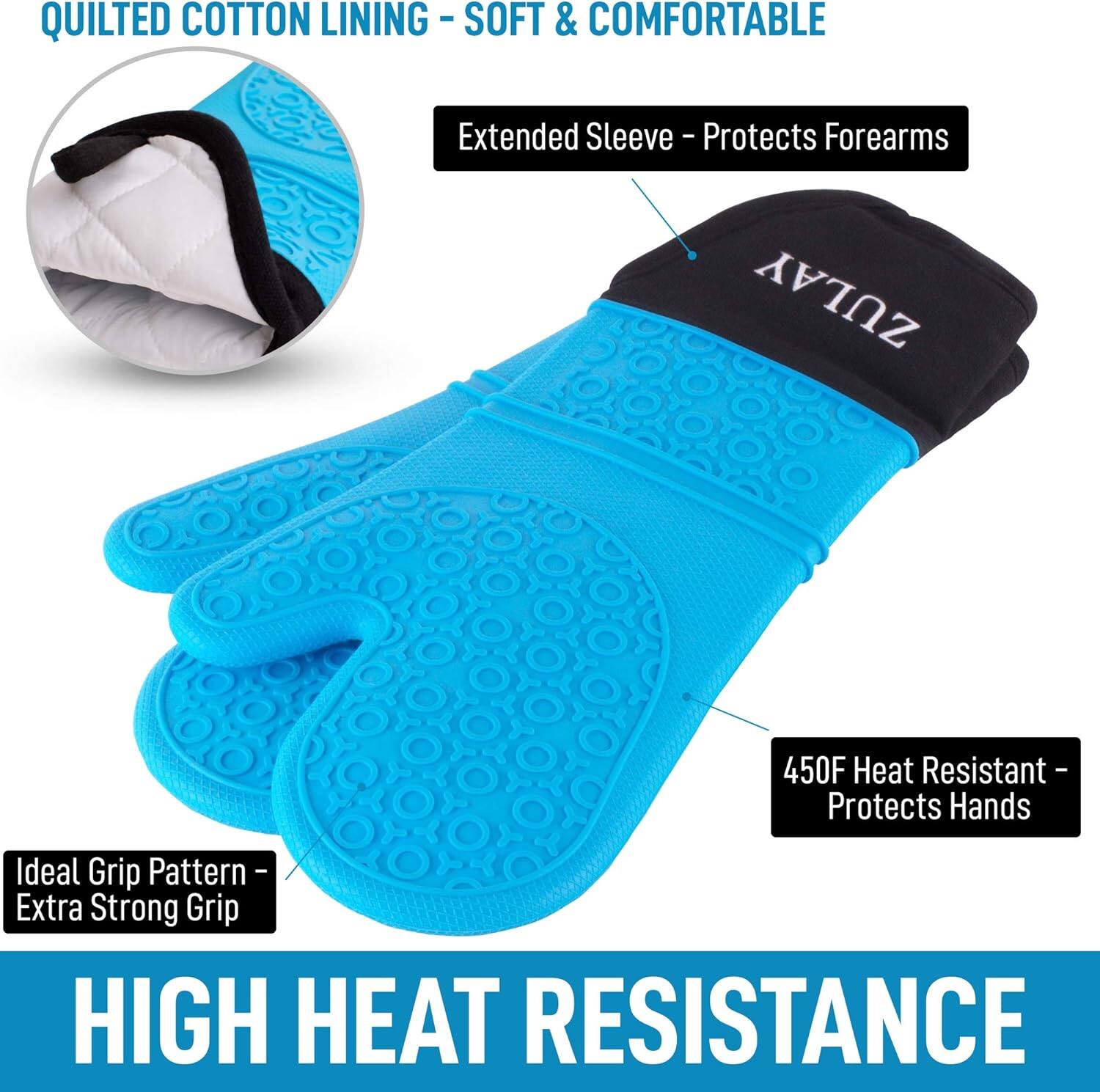 - QUILTED COTTON LINING - SOFT & COMFORTABLE
- Extended Sleeve - Protects Forearms
- Ideal Grip Pattern - Extra Strong Grip
- 450F Heat Resistant - Protects Hands
- HIGH HEAT RESISTANCE