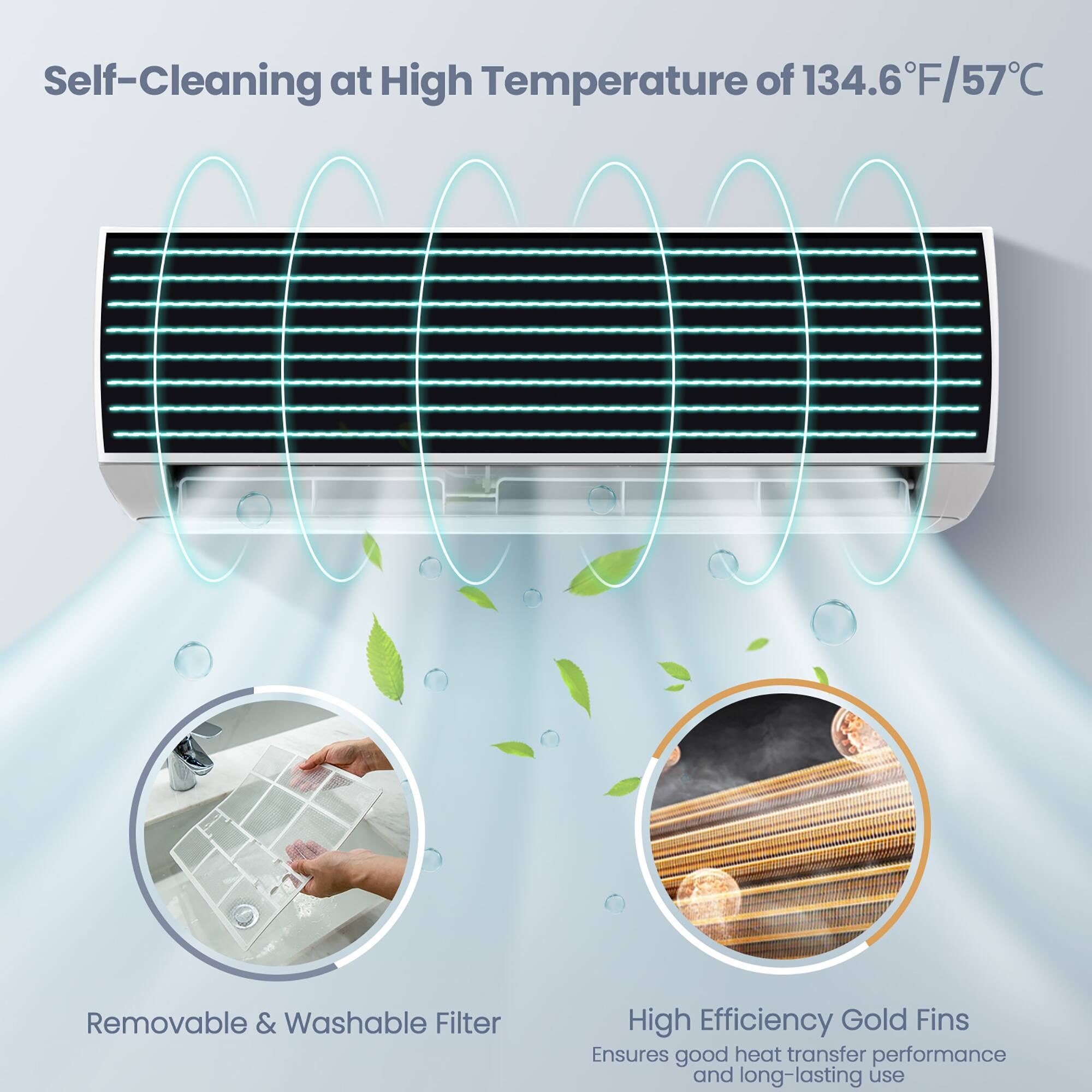Self-Cleaning at High Temperature of 134.6°F/57°C

Removable & Washable Filter

High Efficiency Gold Fins
Ensures good heat transfer performance and long-lasting use