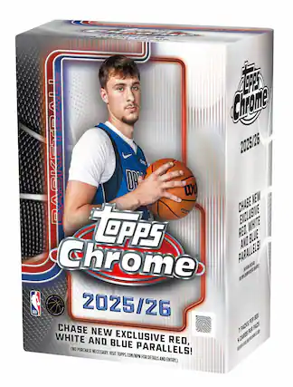**Topps Chrome Basketball 2025/26**
**Chase New Exclusive Red, White, and Blue Parallels!**
**7 Packs per Box**
**4 Cards per Pack**
**No Purchase Necessary. Visit Topps.com/NPN for Details and Entry.**
**NBA Licensed Product**
**Topps Chrome**
**2025/26**
**Basketball**
**Chase New Exclusive White and Blue Parallels!**