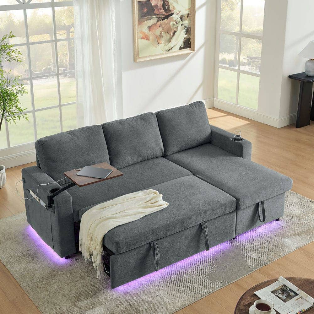 Resenkos - Multi-Functional Chenille Sleeper Sofa, Retractable Table, LED Lights, USB Ports and Cup Holders, Gray - Gray