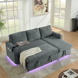 Kadyn - Multi-Functional Chenille Sleeper Sofa, Retractable Table, LED Lights, USB Ports and Cup Holders, Gray - Gray