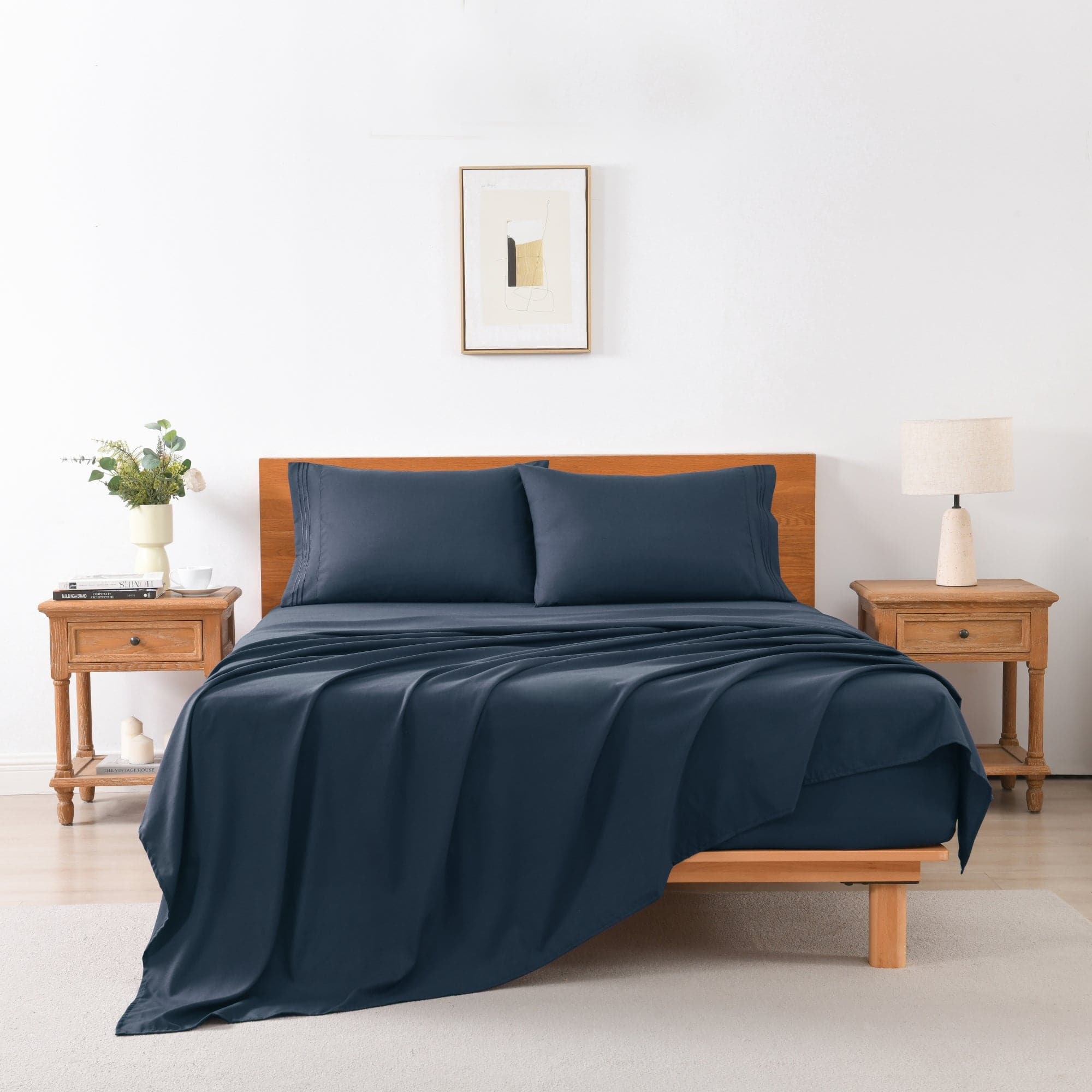 MarCielo - 3/4 Pcs Soft Solid & Embroidery Bed Sheets Set - Navy Blue
