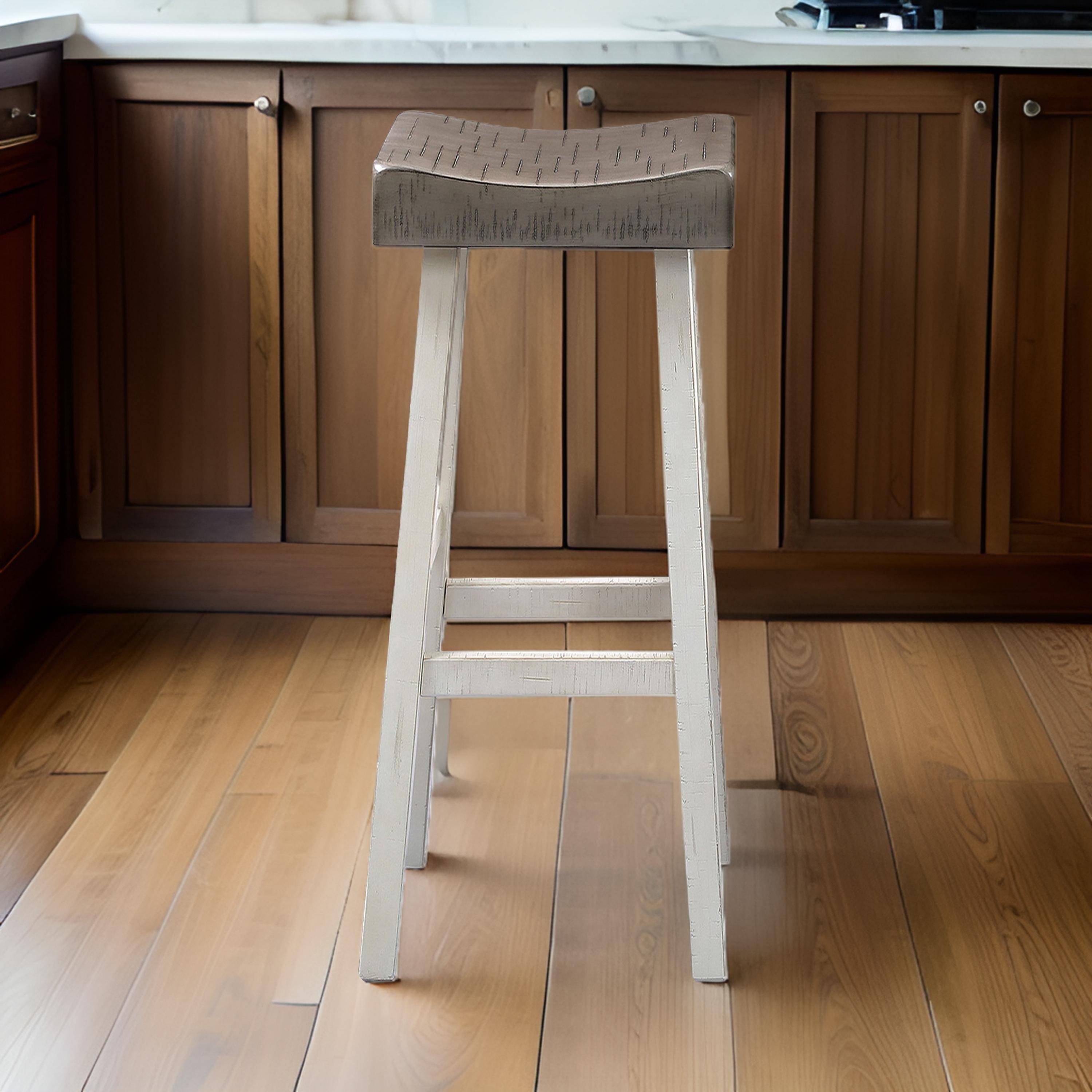 Alt View 2. Manhattan Lane - Bianca Barstool Set of 2, Saddle Seat,Solid Wood - Gray, White.
