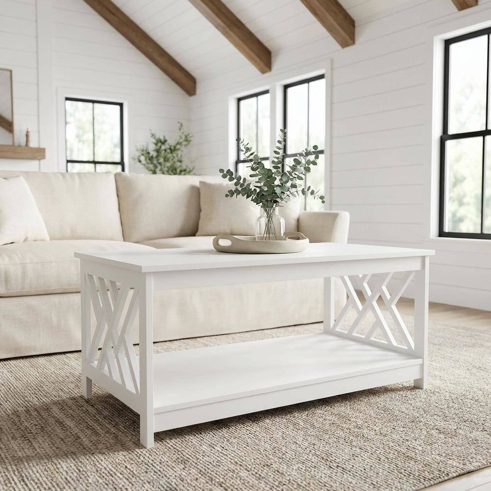 Left. FurniFact - White MDF Coffee Table with Shelf and Storage Space Titan - White.