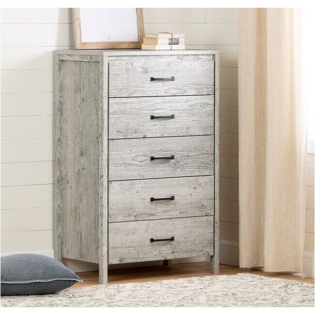 Angle. Hivvago - Modern Washed Pine 5 Drawer Storage Chest - Grey.