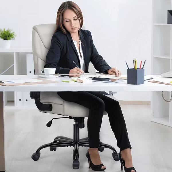 Alt View 2. Sweet - High Back Ergonomic Executive Office Chair with Lumbar Support Flip-Up Armrests, PU Leather Desk Chair, White - Beige.