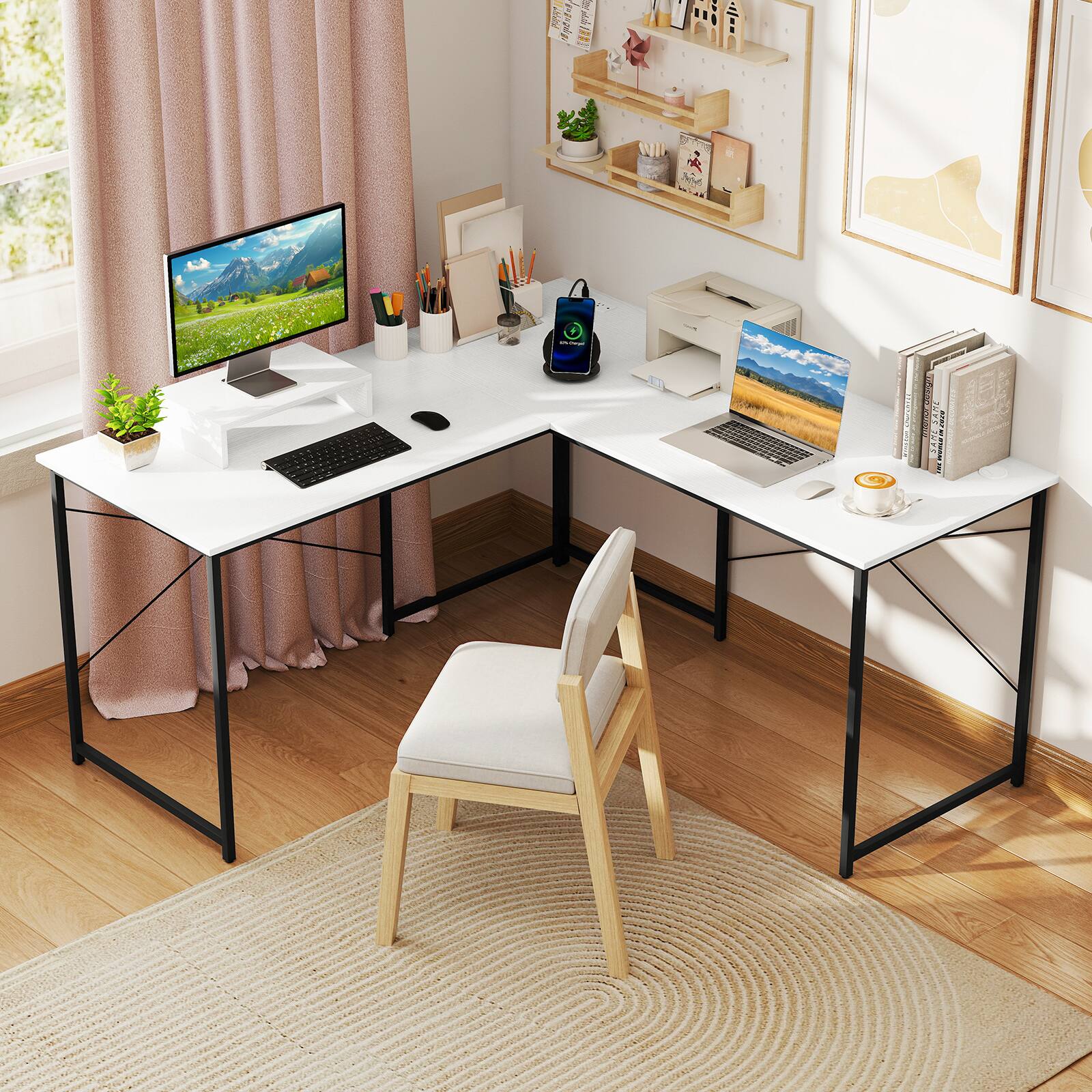 Alt View 1. Gymax - Gymax 95'' L-Shaped Reversible Computer Desk 2-Person Long Table Monitor Stand White - White, Black.