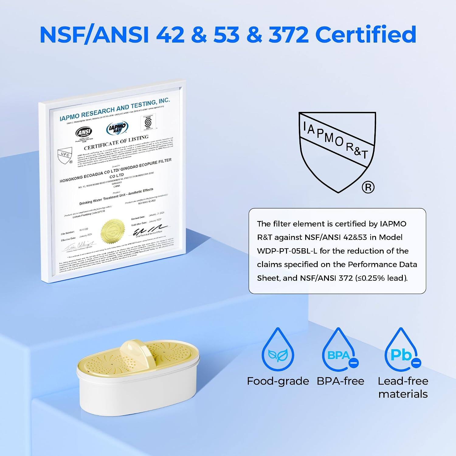 NSF/ANSI 42 & 53 & 372 Certified

IAPMO RESEARCH AND TESTING, INC.  
CERTIFICATE OF LISTING  
HONGKONG EQUAQUA CO LTD / DINGDAO ECOPURE FILTER  
The filter element is certified by IAPMO R&T against NSF/ANSI 42&53 in Model WDP-PT-05BL-L for the reduction of the claims specified on the Performance Data Sheet, and NSF/ANSI 372 (≤0.25% lead).  
Food-grade BPA-free Lead-free materials