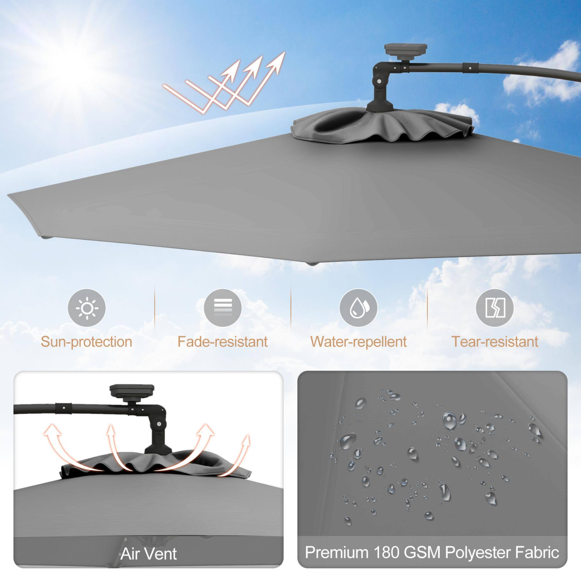 Sun-protection, Fade-resistant, Water-repellent, Tear-resistant, Air Vent, Premium 180 GSM Polyester Fabric