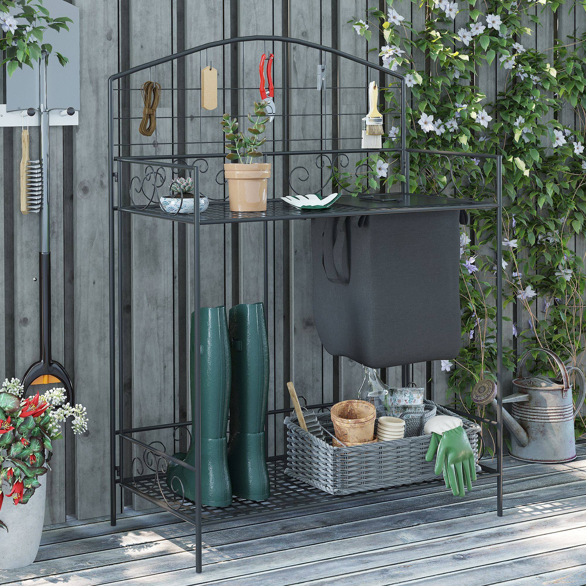 Alt View 1. Outsunny - Folding Potting Bench Table, Metal Garden Workstation, Work Bench with Large Build-In Bag with Cover - Black.
