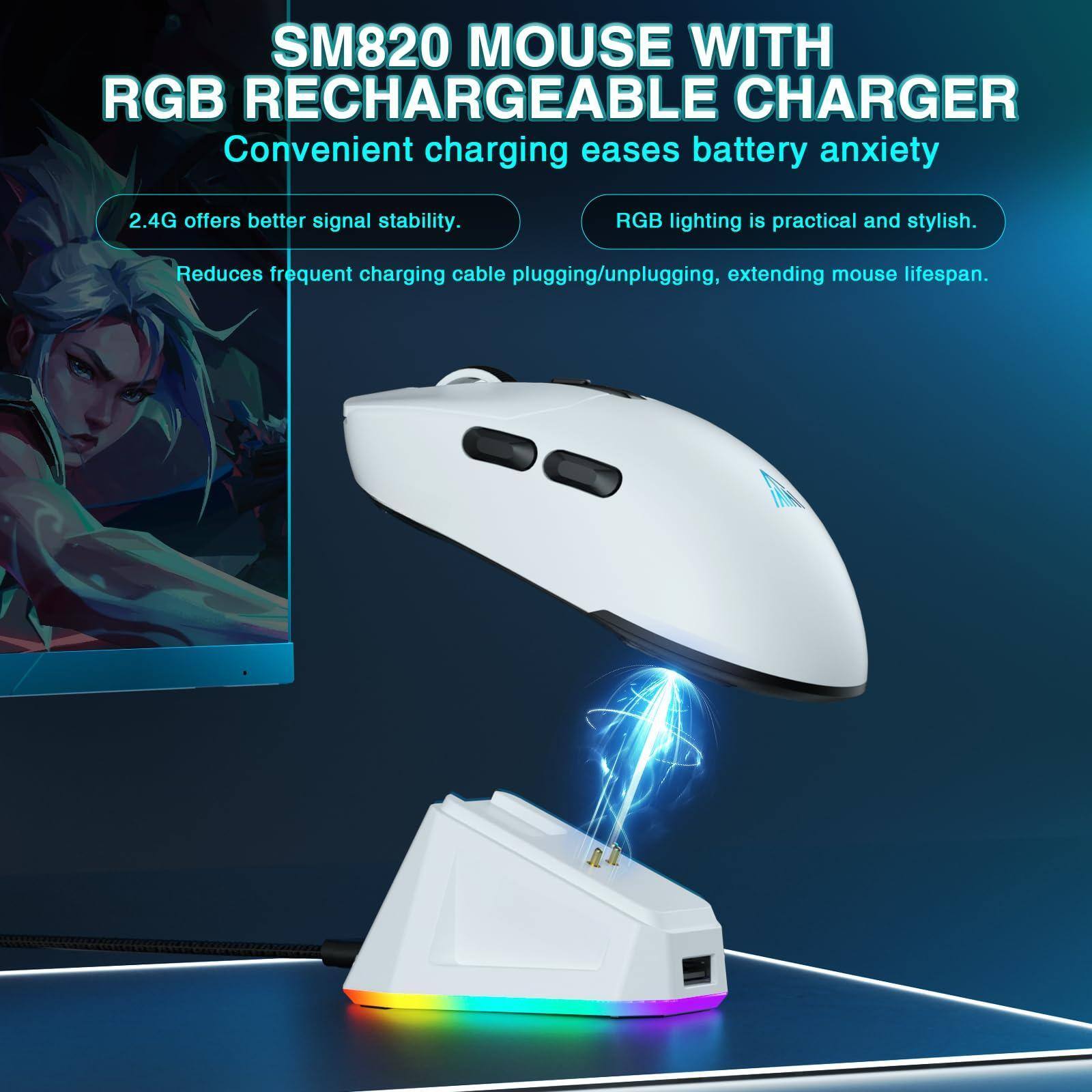 SM820 MOUSE WITH RGB RECHARGEABLE CHARGER  
Convenient charging eases battery anxiety  

2.4G offers better signal stability.  
RGB lighting is practical and stylish.  
Reduces frequent charging cable plugging/unplugging, extending mouse lifespan.
