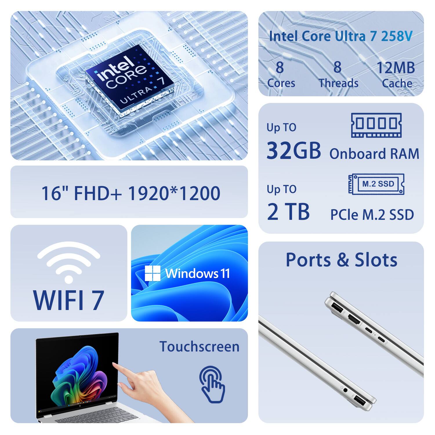Intel Core Ultra 7 258V  
8 Cores  
8 Threads  
12MB Cache  

Up to 32GB Onboard RAM  

16" FHD+ 1920*1200  

Up to 2 TB PCIe M.2 SSD  

WiFi 7  

Windows 11  

Ports & Slots  

Touchscreen